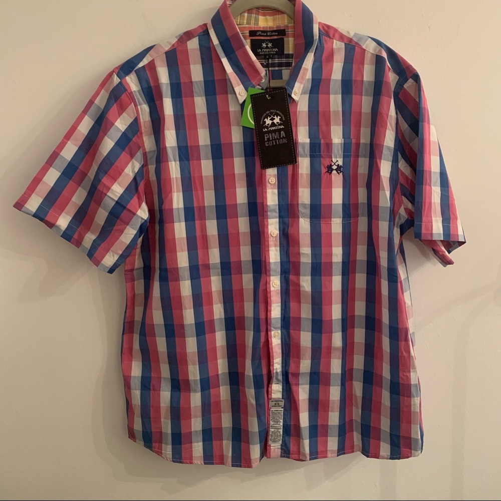NWT La Martina Pima Cotton Pink and Blue Checkered Casual Button Down